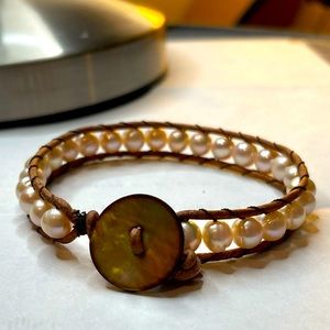 Hand woven Pearls and leather bracelet NWT artisan made